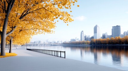 Serene riverside scene with golden trees and city skyline.