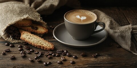 Wall Mural - Still life with biscotti, beans, and heart latte on a wood table.