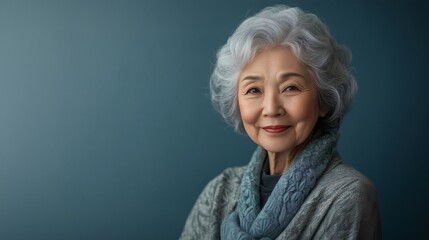 Close up portrait of senior old smiling grandmother on blue light color background