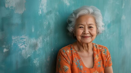 Close up portrait of senior old smiling grandmother on blue light color background