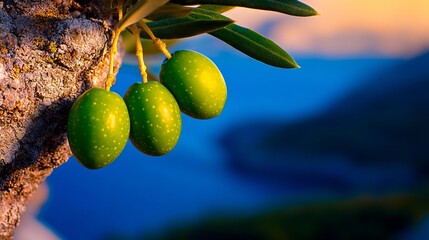 Wall Mural - A bunch of green olives hanging from a tree branch