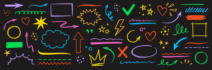 Aufkleber - Line hand drawn marker arrow, heart, text highlight brush color shape element set. Hand drawn sketch marker underline shape, arrow, star scribble brush pen stroke element. Vector illustration