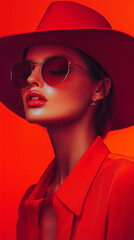 Wall Mural - woman wearing stylish orange hat sunglasses standing in front of bright orange background fashion photography social media post vertical mobile marketing branding backdrop bold colors luxury model