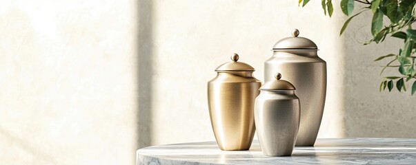 Wall Mural - Elegant urns in gold and silver tones sit on a marble surface, accompanied by green foliage, creating a serene and sophisticated ambiance.