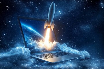 Rocket launching from laptop screen, space travel concept.