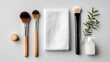 © Heng Heng - AI Stock - Minimal and elegant arrangement of a makeup brush cleaner placed beside professional makeup brushes showcasing a clean and organized vanity setup for beauty and cosmetics