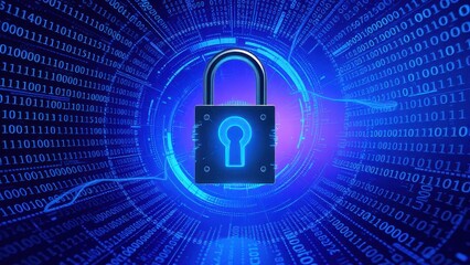 Cybersecurity concept with digital lock and binary code background, technology, network, internet