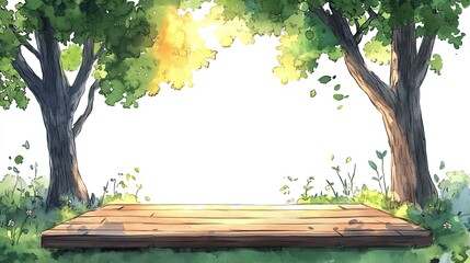 A wooden platform surrounded by green trees and grass under a sunny sky.