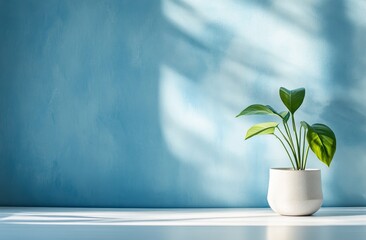 Canvas Print - Green plant in white pot against blue wall with sunlight.