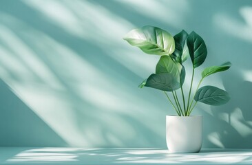 Poster - Plant in white pot, sunlight on teal wall.