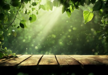 Wall Mural - sunbeams through lush green foliage onto rustic wooden table.