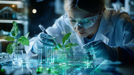 Poster - healthcare professional examines biotechnology research with plants, using advanced technology in laboratory setting. atmosphere is focused and innovative