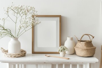 Poster - White minimalist home decor with frame mockup.