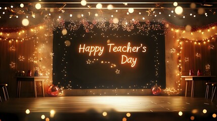 Wall Mural - teachers day award ceremony in a school hall, decorated with lights and garlands, and a glowing 