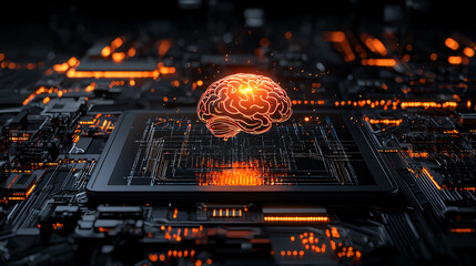 Aufkleber - glowing AI holographic brain above circuit board, symbolizing advanced technology and innovation. intricate details of circuitry enhance futuristic feel