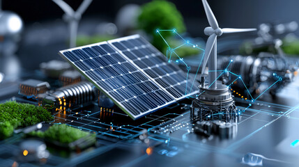 Aufkleber - sleek diagram illustrating solar panels and wind turbines on futuristic grid, showcasing renewable energy technology and sustainable development