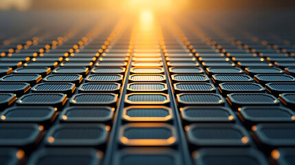 Aufkleber - close up view of solar panels absorbing sunlight in vast renewable energy field, showcasing grid pattern illuminated by warm glow of setting sun