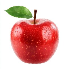 Single red apple with leaf and water droplets.