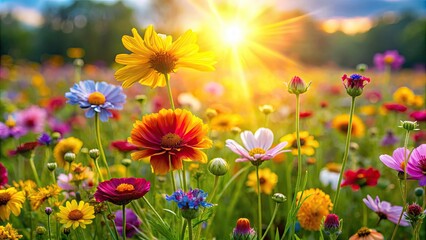 Wall Mural - Closeup view of vibrant flowers in a sunlit meadow, flower, field, sunlight, spring, summer, garden, background, closeup