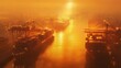 A stunning sunset casts golden hues over ships in a harbor, creating a serene and picturesque maritime scene.