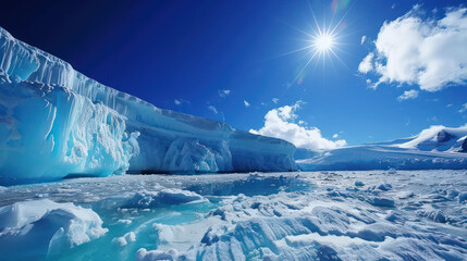 A stunning icy landscape with bright blue ice formations and clear sky