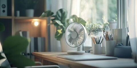 A small table fan on a desk, cooling the workspace in a home office.