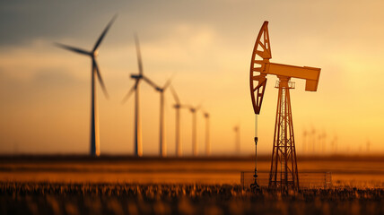 Aufkleber - combination of oil pump and wind turbines at sunset, showcasing renewable energy and traditional energy sources. scene highlights contrast between fossil fuels and sustainable energy