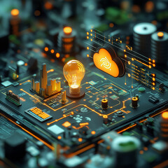 Poster - glowing light bulb symbolizes innovation on circuit board, representing digital transformation and cloud technology. intricate details highlight modern business models