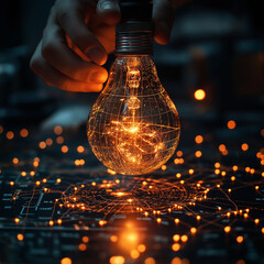 Aufkleber - hand holding glowing light bulb over digital network map, symbolizing innovation and technology. intricate connections and warm light evoke creativity and transformation
