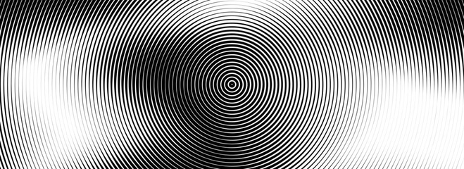 Black concentric circle texture. Radial geometric pattern background. Linear epicenter, target, radar concept. Round ripple halftone ring wallpaper for brochure, template, poster, overlay. Vector