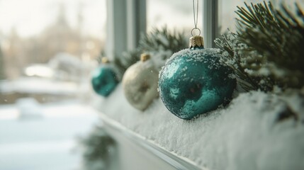 Wall Mural - Decorative Christmas ornaments rest on a snowy window ledge, enhancing the cozy winter ambiance during the holiday season