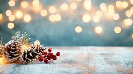 Wall Mural - Beautiful arrangement of Christmas pinecones and red berries surrounded by soft, warm bokeh lights evoking holiday spirit and charm