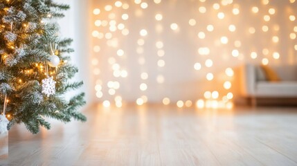 Wall Mural - Holiday decorations fill the cozy living room with a glowing Christmas tree and soft, twinkling lights for a warm atmosphere