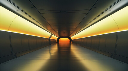 Yellow neon glow empty corridor tunnel spaceship