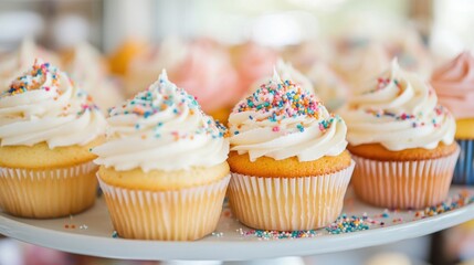 Wall Mural - A vibrant assortment of cupcakes topped with fluffy frosting and colorful sprinkles sits elegantly on a cake stand at a cheerful celebration