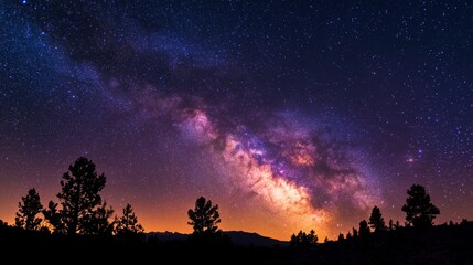 Canvas Print - a stunning view of the milky way galaxy over a silhouette of trees at twilight.