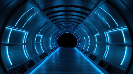 Blue neon glow empty corridor tunnel spaceship