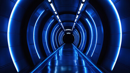 Blue neon glow empty corridor tunnel spaceship