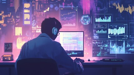 Computer, hologram and touchscreen of business man with data analysis, digital coding and programming at night. holographic, software overlay of IT person, information technology research and desktop