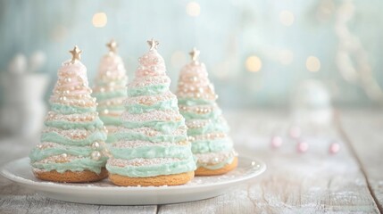 Wall Mural - Gingerbread Christmas trees with icing and decorations are beautifully arranged on a rustic wooden table, perfect for holiday gatherings