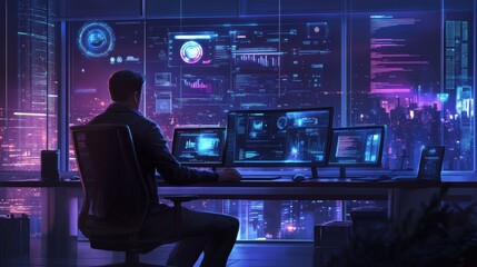 Computer, hologram and touchscreen of business man with data analysis, digital coding and programming at night. holographic, software overlay of IT person, information technology research and desktop
