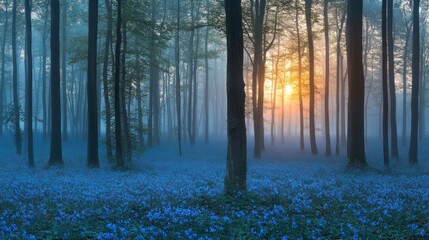 Aufkleber - A serene forest scene with mist, blue flowers, and a glowing sunrise.