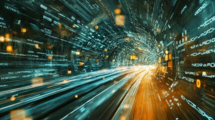 Digital data flow on road with motion blur to create vision of fast speed transfer . Concept of future digital transformation , disruptive innovation and agile business methodology .