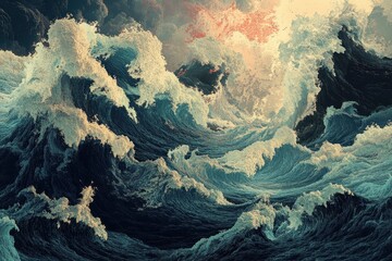 Wall Mural - Abstract Teal Waves Crashing Ocean Scene