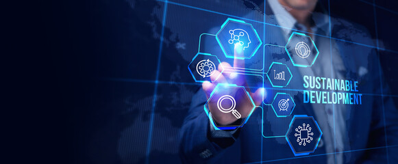 SUSTAINABLE DEVELOPMENT inscription, cloud technology concept. Business, Technology, Internet and network concept.