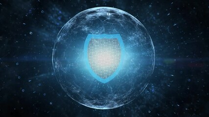 3d looping binary data sphere network with shield technology animation.