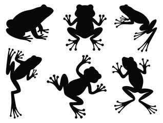 Silhouettes of diverse frogs in various poses vector illustration