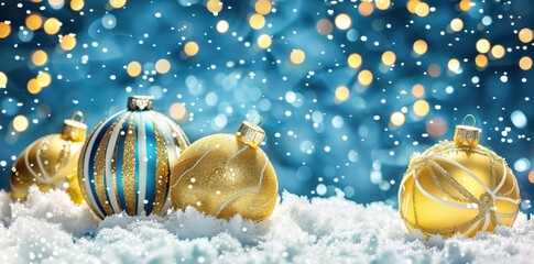 Wall Mural - christmas baubles with stripes in snow against blue bokeh. holiday celebration concept