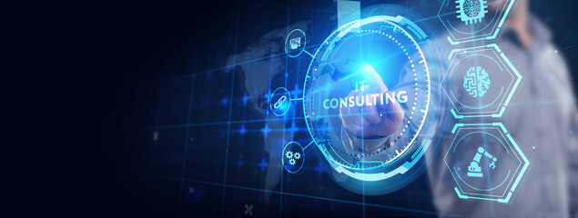 it consultant presenting tag cloud about information technology.