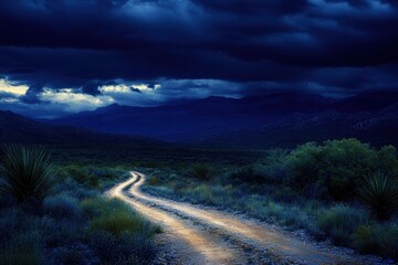Wall Mural - Serene Desert Road Under Dramatic Storm Clouds at Dusk
